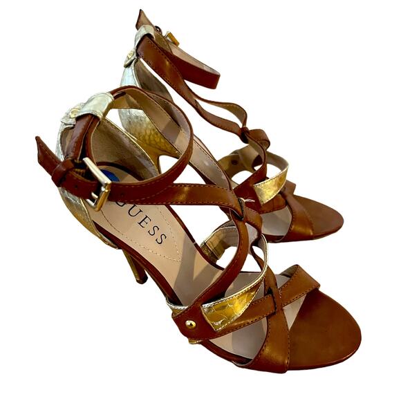 Guess Stiletto Womens Brown and Gold Snakeskin Heels Ankle Strap Size 6.5 - Picture 1 of 5
